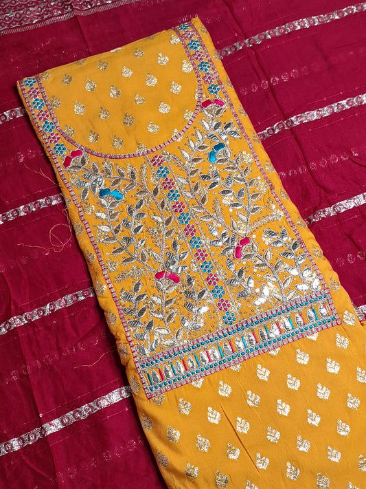 Yellow Colour Gota Work Unstitched Suit Fabric with Red Pant & Dupatta