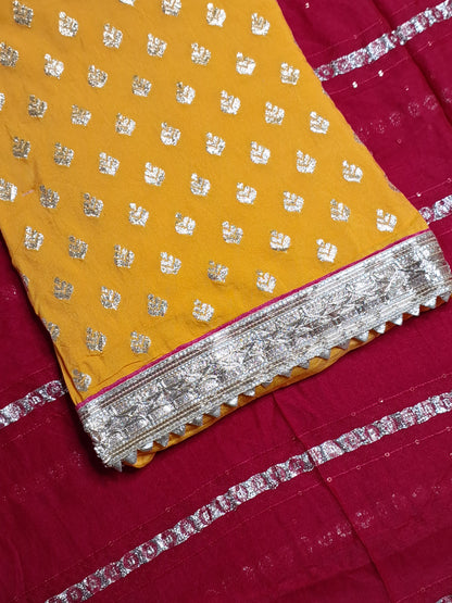 Yellow Colour Gota Work Unstitched Suit Fabric with Red Pant & Dupatta