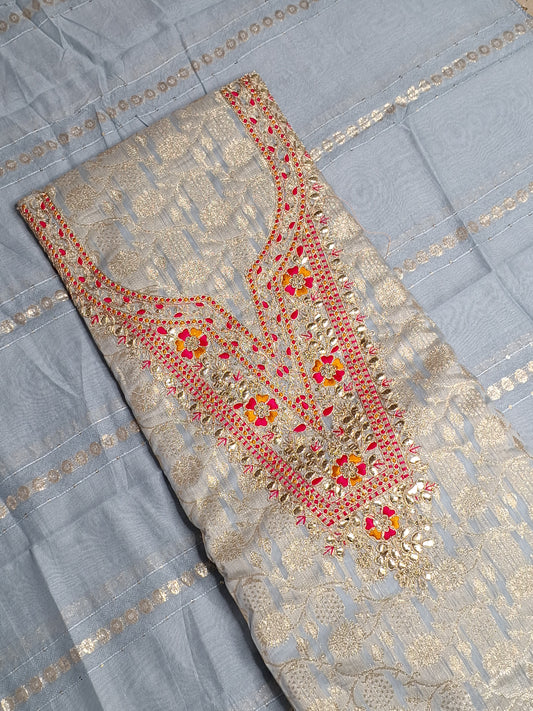 Powder Blue Colour Gota & Thread Work Unstitched Suit Banarasi Fabric with Dupatta
