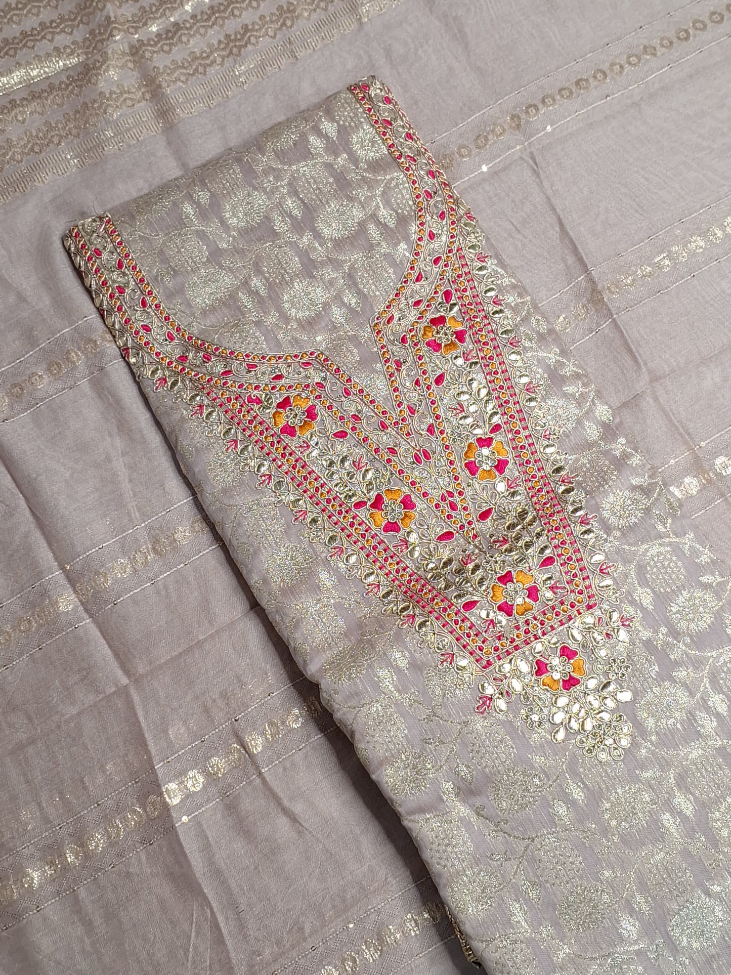 Mauve Colour Gota & Thread Work Unstitched Suit Banarasi Fabric with Dupatta