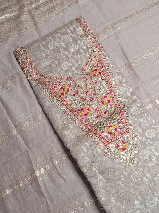 Mauve Colour Gota & Thread Work Unstitched Suit Banarasi Fabric with Dupatta