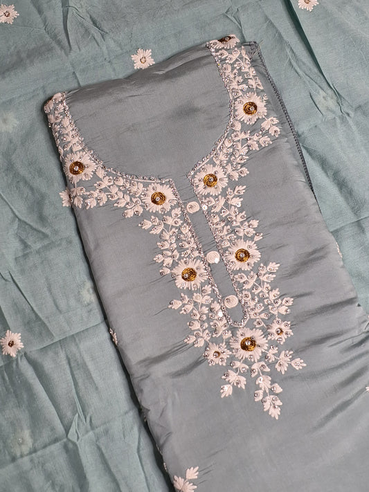 Mint Green Colour Thread Work Unstitched Suit Fabric with Dupatta
