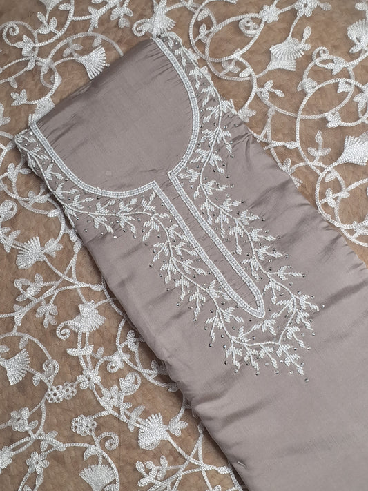 Coffee Brown Colour Moti Work Unstitched Suit Fabric with Dupatta