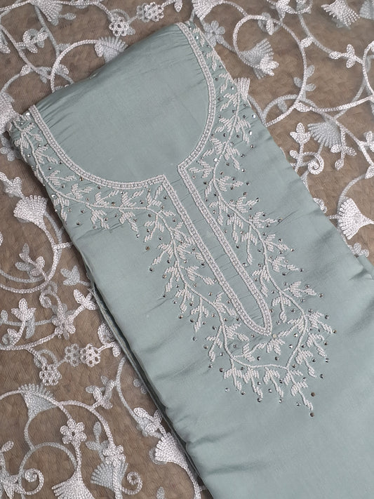 Mint Colour Moti Work Unstitched Suit Fabric with Dupatta