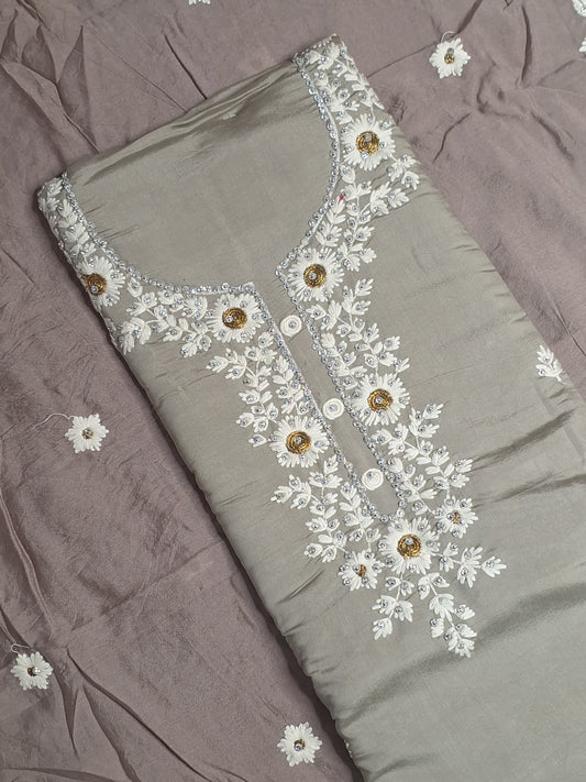 Coffee Colour Thread Work Unstitched Suit Fabric with Dupatta