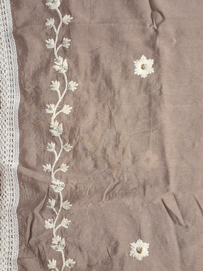 Coffee Colour Thread Work Unstitched Suit Fabric with Dupatta