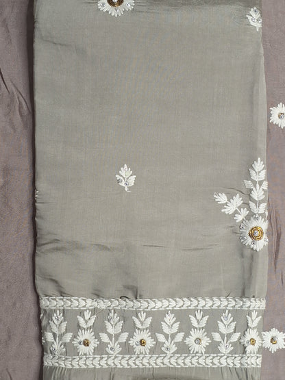 Coffee Colour Thread Work Unstitched Suit Fabric with Dupatta