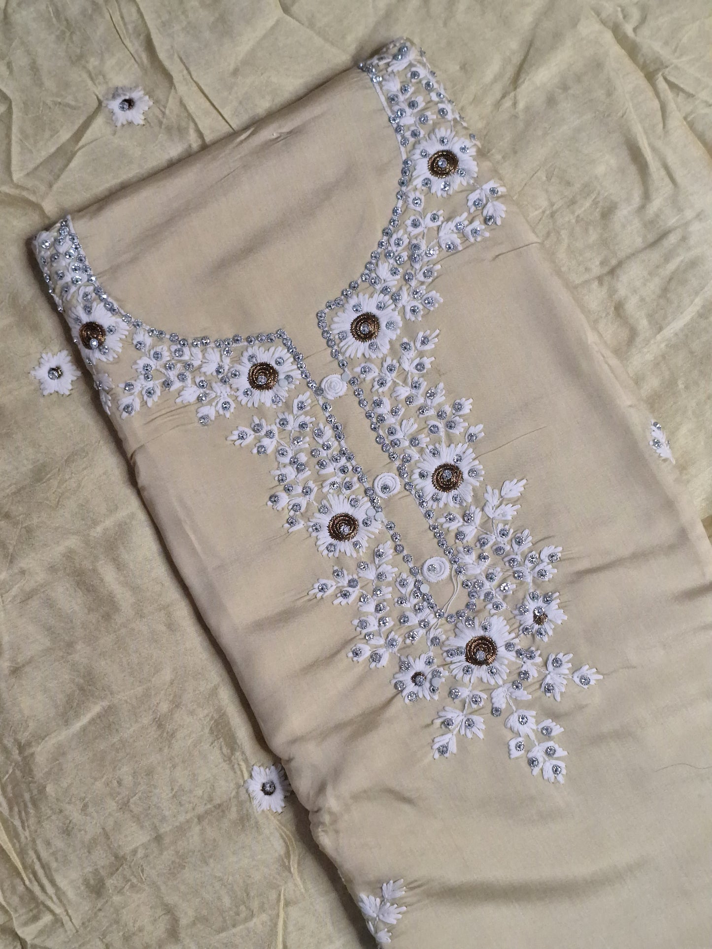 Light Yellow Colour Thread Work Unstitched Suit Fabric with Dupatta