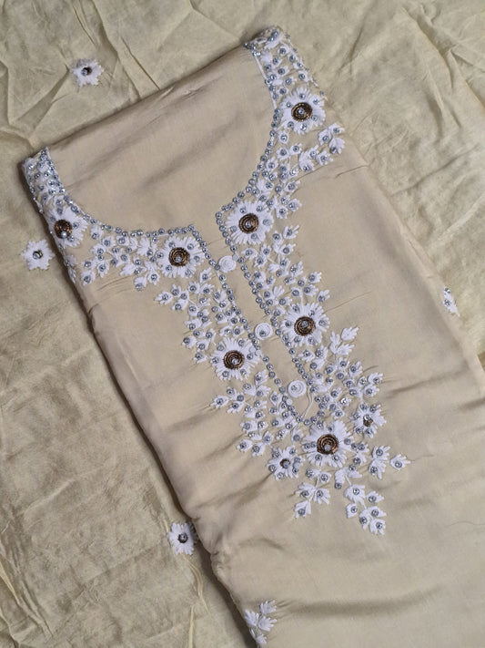 Light Yellow Colour Thread Work Unstitched Suit Fabric with Dupatta