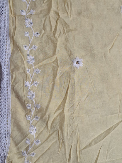 Light Yellow Colour Thread Work Unstitched Suit Fabric with Dupatta