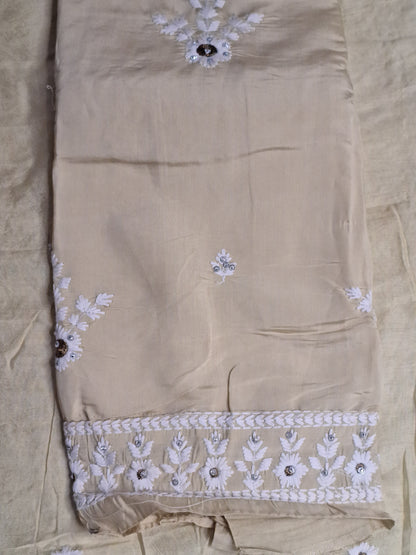 Light Yellow Colour Thread Work Unstitched Suit Fabric with Dupatta