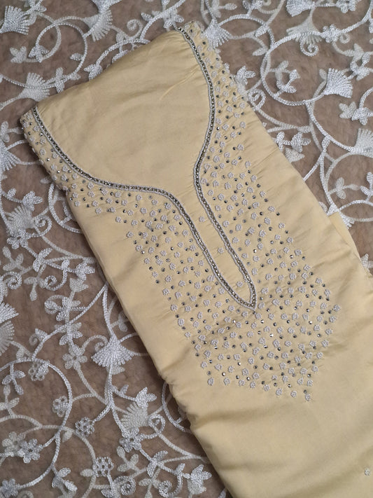 Light Yellow Colour Moti Work Unstitched Suit Fabric with Dupatta
