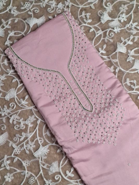 Baby Pink Colour Moti Work Unstitched Suit Fabric with Dupatta