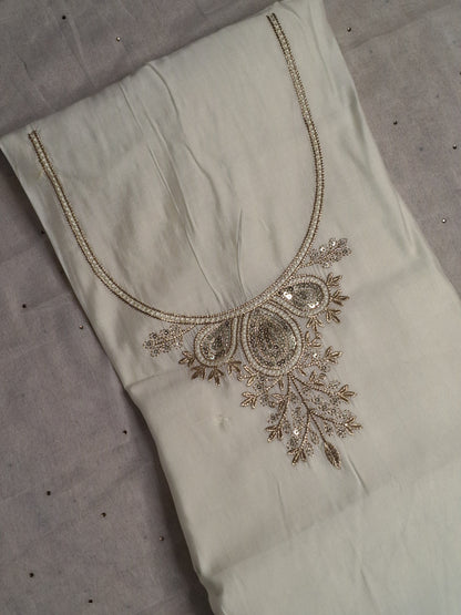 Off White Colour Zari & Thread Work Unstitched Suit Fabric with Dupatta