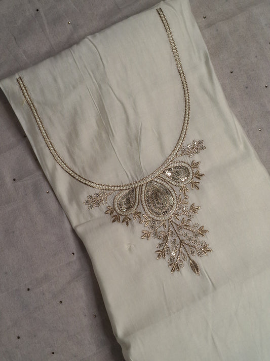 Off White Colour Zari & Thread Work Unstitched Suit Fabric with Dupatta