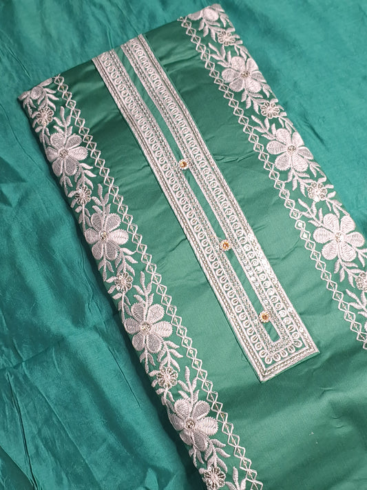 Green Colour Thread Work Unstitched Suit Fabric with Dupatta