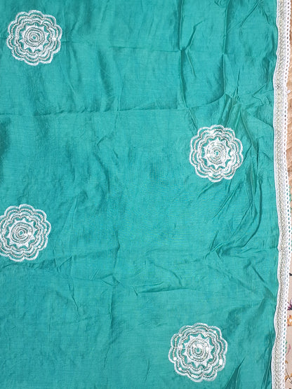 Green Colour Thread Work Unstitched Suit Fabric with Dupatta
