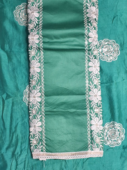 Green Colour Thread Work Unstitched Suit Fabric with Dupatta