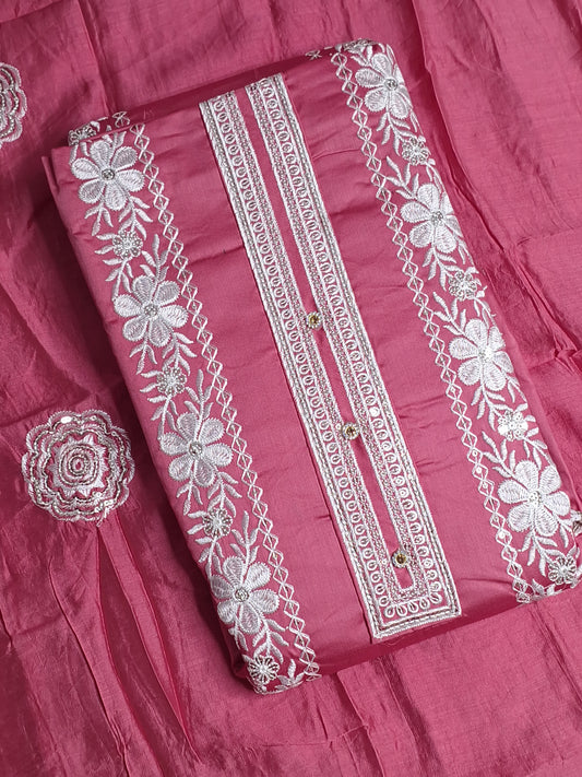 Coral Pink Colour Thread Work Unstitched Suit Fabric with Dupatta