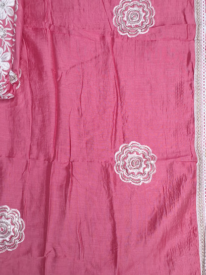Coral Pink Colour Thread Work Unstitched Suit Fabric with Dupatta