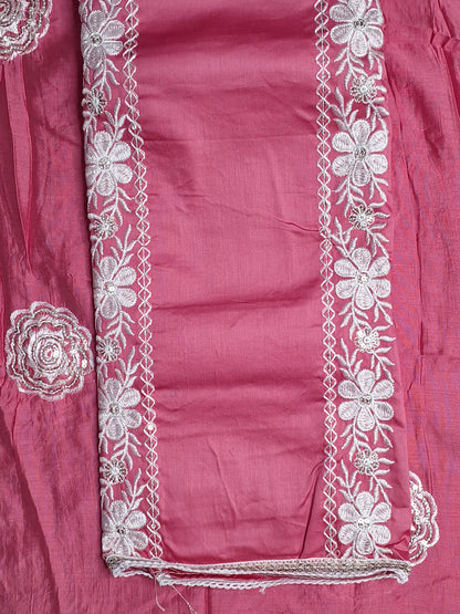 Coral Pink Colour Thread Work Unstitched Suit Fabric with Dupatta
