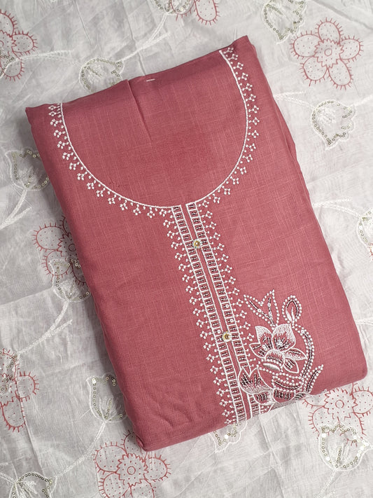 Coral Pink Colour Thread Work Unstitched Suit Fabric with Dupatta