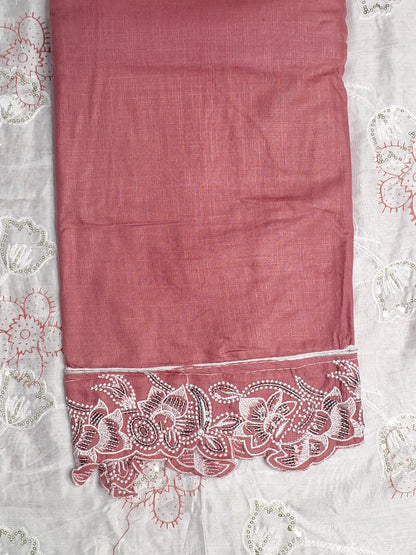 Coral Pink Colour Thread Work Unstitched Suit Fabric with Dupatta