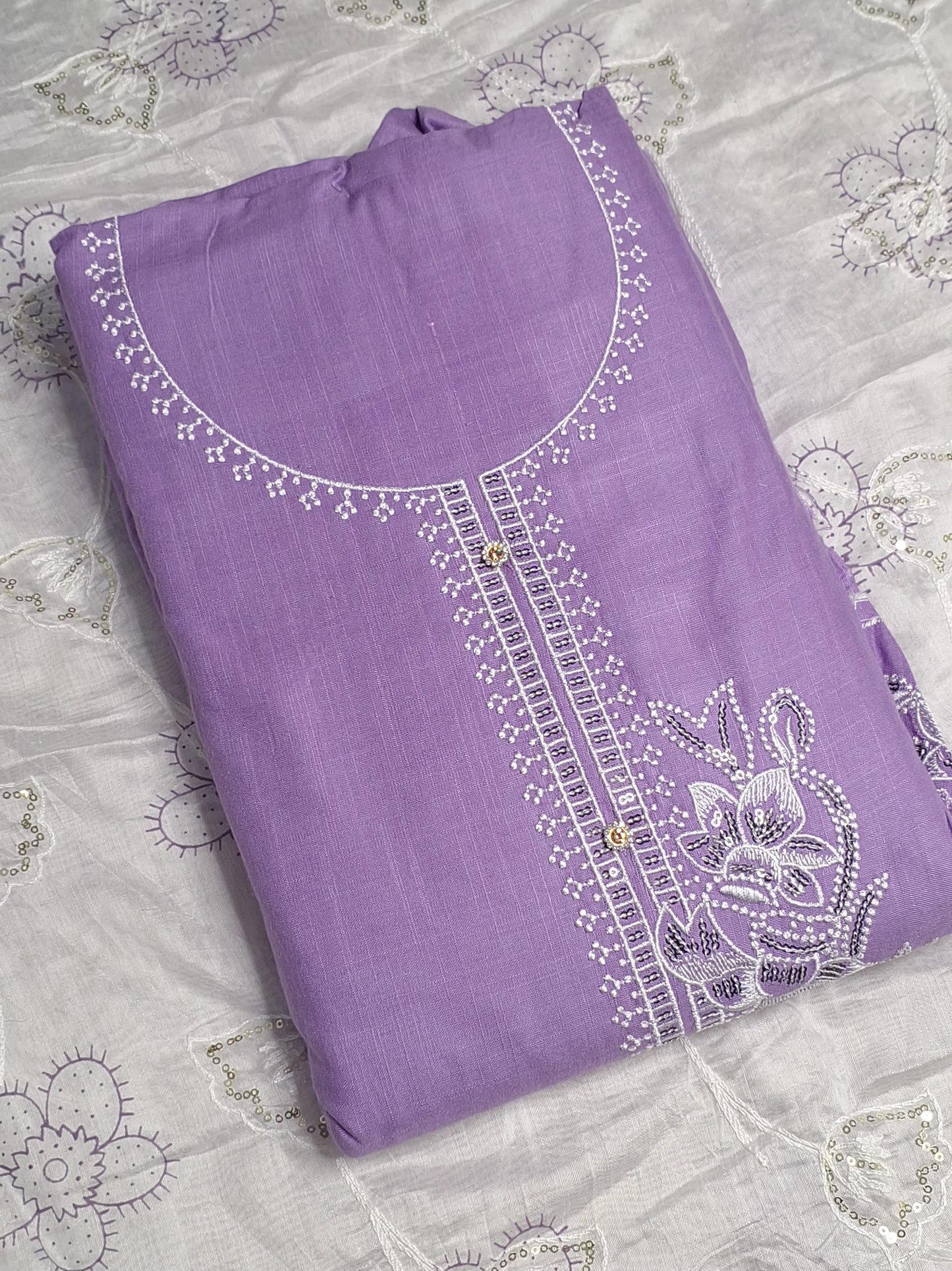 Lavender  Colour Thread Work Unstitched Suit Fabric with Dupatta