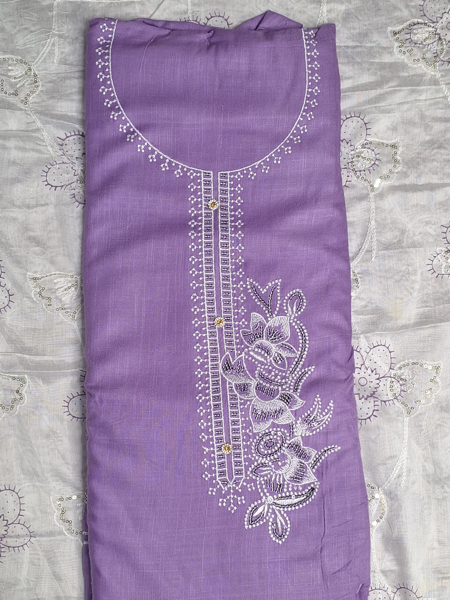 Lavender  Colour Thread Work Unstitched Suit Fabric with Dupatta