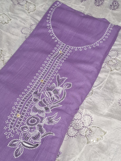 Lavender  Colour Thread Work Unstitched Suit Fabric with Dupatta