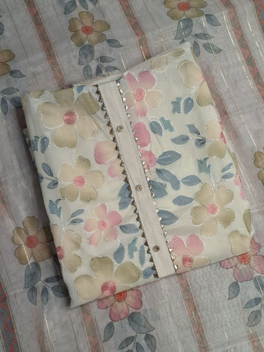 Cream Colour Digital print Unstitched Suit Fabric with Dupatta