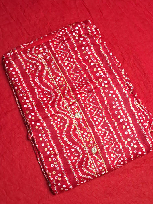 Red Colour Bandhani Unstitched Suit Rayon Fabric with Dupatta