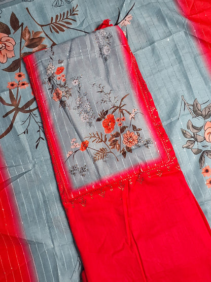 Red Colour Digital Print Unstitched Suit Rayon Fabric with Dupatta