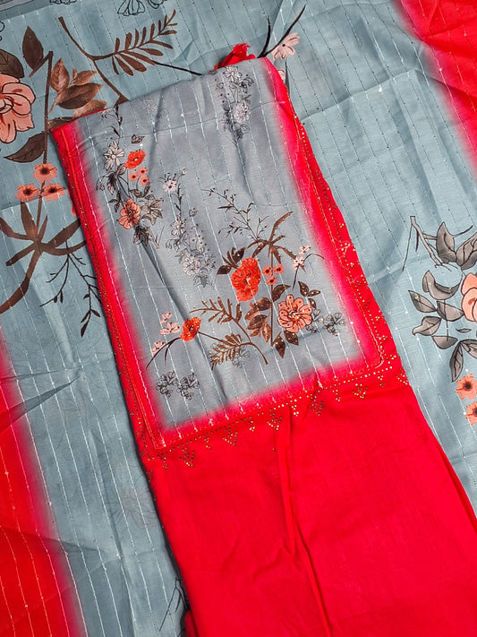 Red Colour Digital Print Unstitched Suit Rayon Fabric with Dupatta