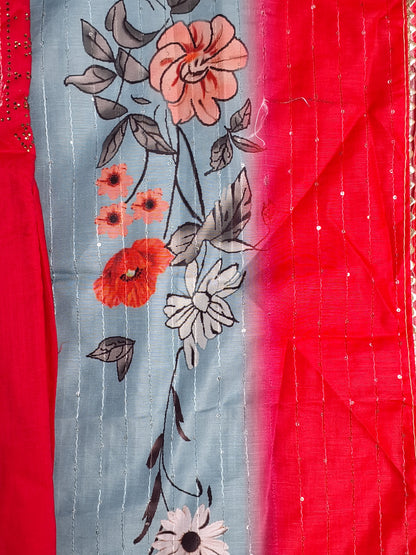 Red Colour Digital Print Unstitched Suit Rayon Fabric with Dupatta
