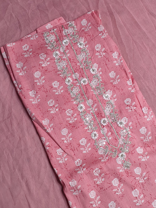 Coral Pink Colour Printed & Thread work Unstitched Suit Cotton Fabric with Dupatta