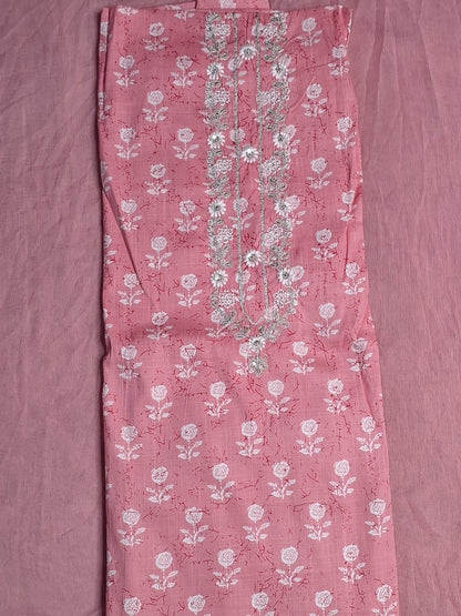 Coral Pink Colour Printed & Thread work Unstitched Suit Cotton Fabric with Dupatta