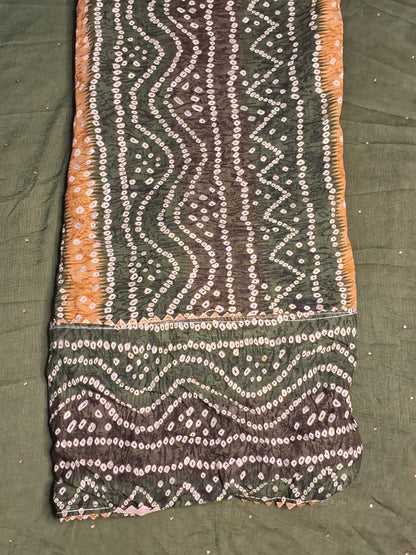 Dark Green Gota Patti  & Thread work Bandhani Unstitched Suit Rayon Fabric with Dupatta
