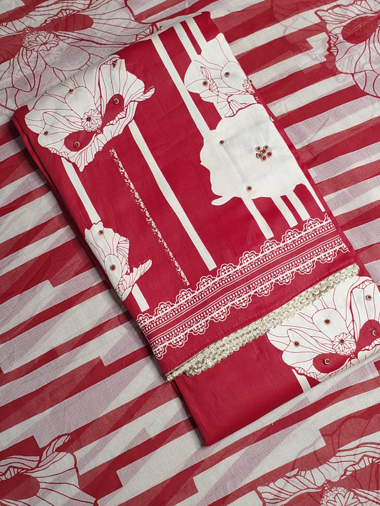 Red Printed suit Jam cotton Unstitched Suit Fabric with Dupatta