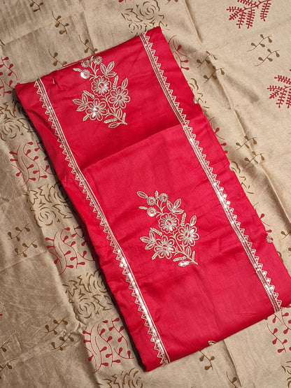 Red Colour Jam cotton Thread and Sequence work Unstitched Suit Fabric with Dupatta