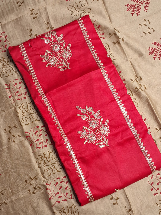 Red Colour Jam cotton Thread and Sequence work Unstitched Suit Fabric with Dupatta