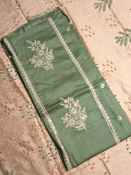 Olive Green Colour Jam cotton Thread and Sequence work Unstitched Suit Fabric with Dupatta