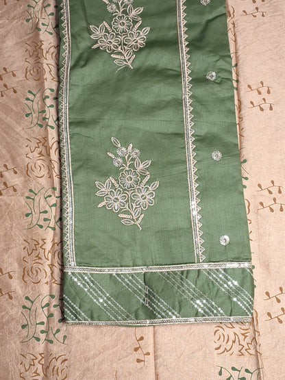 Olive Green Colour Jam cotton Thread and Sequence work Unstitched Suit Fabric with Dupatta