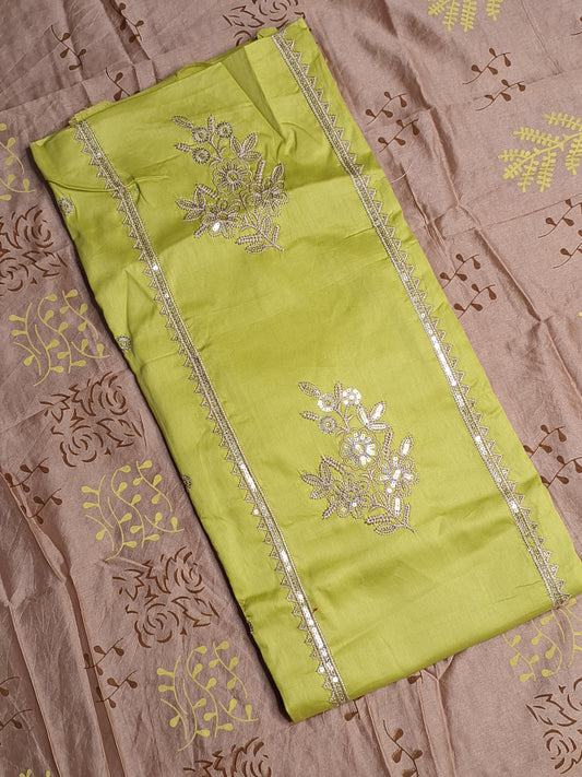 Lemon Green Colour Jam cotton Thread and Sequence work Unstitched Suit Fabric with Dupatta