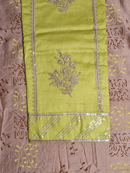 Lemon Green Colour Jam cotton Thread and Sequence work Unstitched Suit Fabric with Dupatta