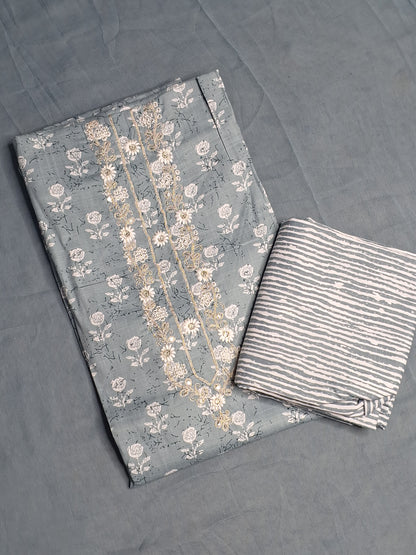 Grey Colour Printed & Thread work Unstitched Suit Cotton Fabric with Dupatta