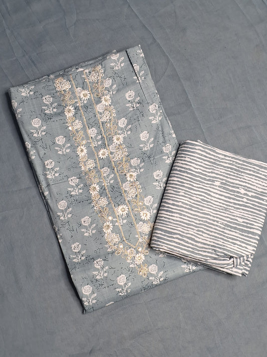 Grey Colour Printed & Thread work Unstitched Suit Cotton Fabric with Dupatta