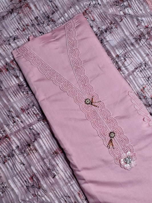 Pink Colour Lace work Unstitched Suit Fabric with Printed Dupatta