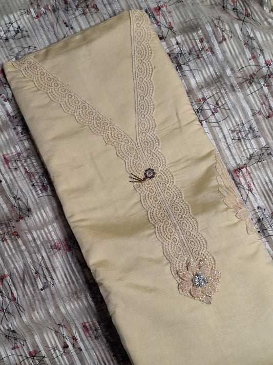 Pastel Yellow Colour Lace work Unstitched Suit Fabric with Printed Dupatta