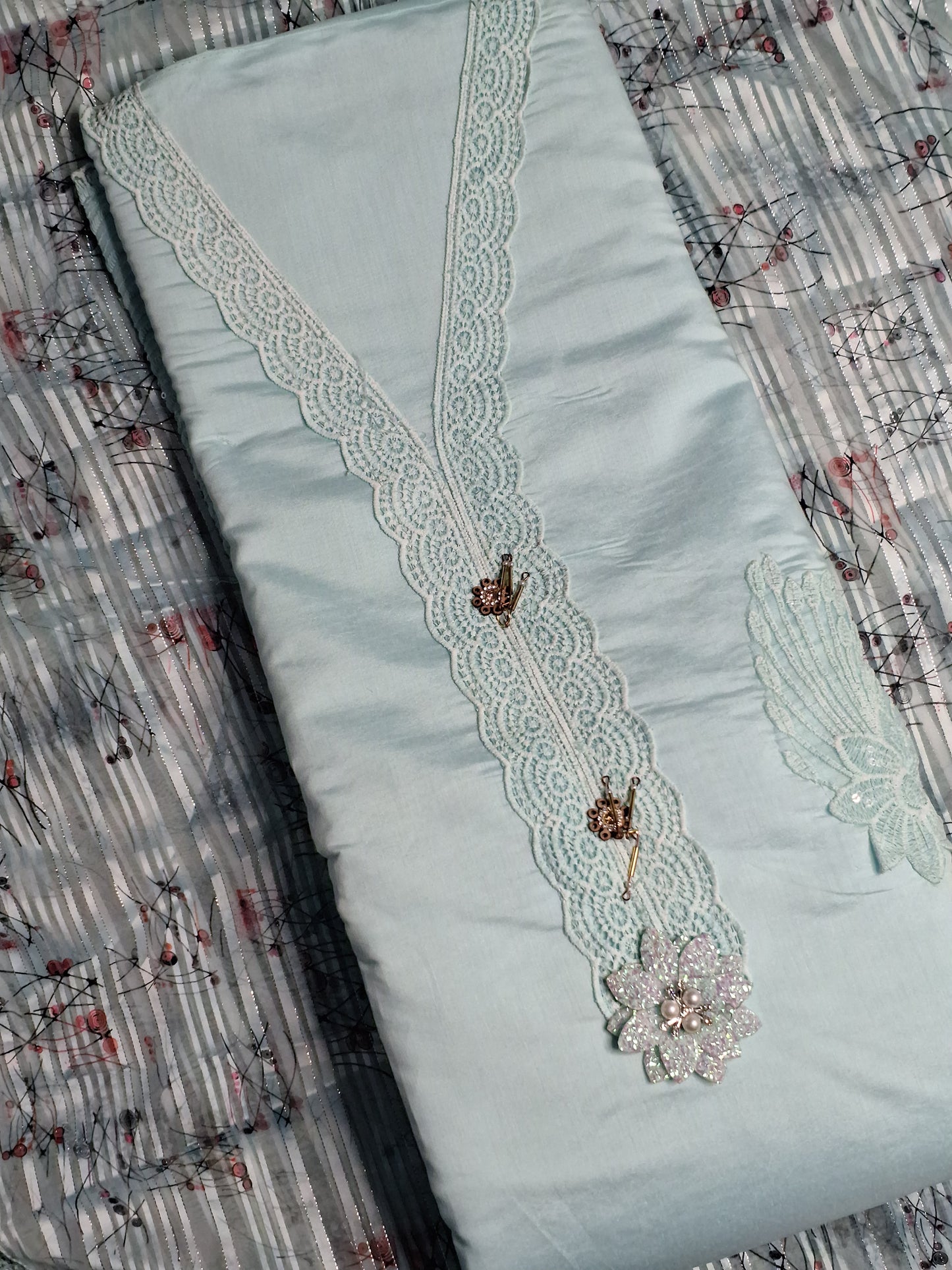 Sky Blue Colour Lace work Unstitched Suit Fabric with Printed Dupatta